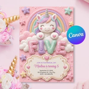 Puede incluir: Una tarjeta de invitación rosa con un unicornio en 3D con cuerno plateado, un arcoíris pastel y nubes. La palabra FIVE aparece en letras brillantes. Texto: JOIN US FOR MAGICAL DAY, Marlina is turning 5, September 13, 2030, 123 Anywhere St., Any City, RSVP: +123 456 678.