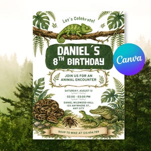 Op de afbeelding: Een verjaardagsuitnodigingskaart met een groene kameleon op een tak, een slang, een spin, een hagedis en een alligator. De tekst luidt: Let's Celebrate! Daniel's 8th Birthday, Join us for an animal encounter, Saturday, August 12, 02:00 - 03:00 PM, Daniel Wildwood Hall, 123 Anywhere St., Any City, RSVP to Mike at 123.456.789.