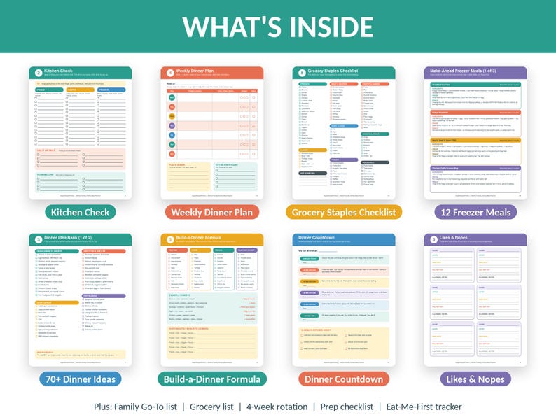 May include: A collection of eight printable meal planning sheets titled WHAT'S INSIDE. The pages include Kitchen Check, Weekly Dinner Plan, Grocery Staples Checklist, 12 Freezer Meals, 70+ Dinner Ideas, Build-a-Dinner Formula, Dinner Countdown, and Likes & Nopes.