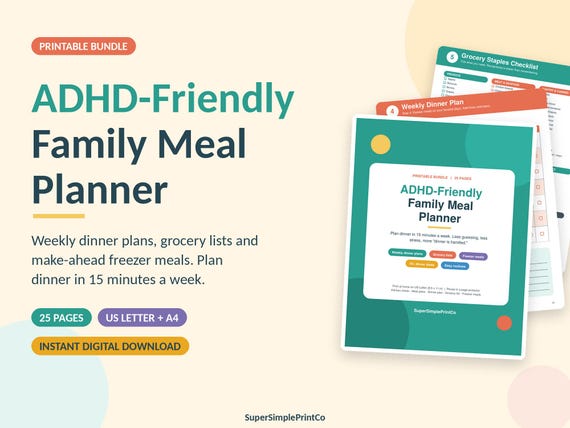 ADHD-Friendly Family Meal Planner, Weekly Dinner Plan, Grocery List & Freezer Meal Ideas (PDF Bundle)
