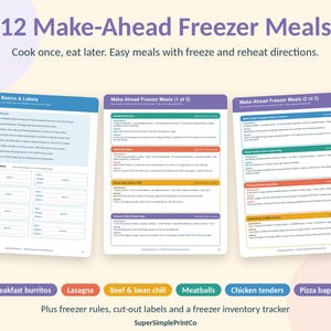 May include: Three printed pages titled 12 Make-Ahead Freezer Meals, featuring recipes for breakfast burritos, lasagna, chili, meatballs, chicken tenders, and pizza bagels. Includes freezer rules, cut-out labels, and an inventory tracker.