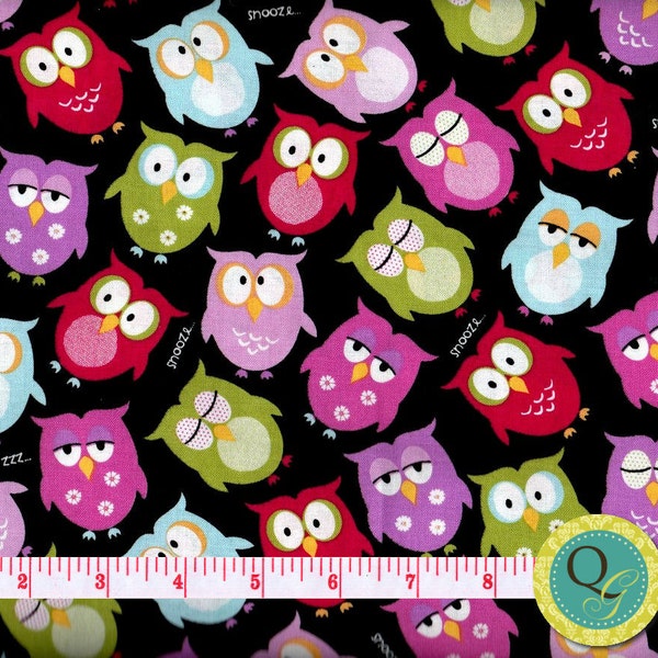 Designer Fabric By the Yard Owl fabric Black Purple Green Pink Blue With Sleepy Cute Owls Fabric Sleepy Owl Black Fabric by the Yard