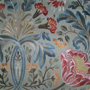 COLEFAX & FOWLER WILLIAM Morris Inspired Embroidered Linen Fabric 10 Yards Blue Rose Copper Multi
