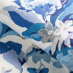 BRUNSCHWIG & FILS Botanical Floral Tropical Linen Print Fabric 10 Yards Blue Ivory