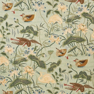 シューマッハー 日本の蓮、鶴、サギ、鳥 リネン生地 10ヤード アクアマルチ
