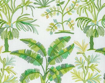 BRUNSCHWIG & FILS Tropical Tress Palms Embroidered Linen Fabric Leaf
