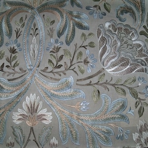 COLEFAX & FOWLER WILLIAM Morris Inspired Embroidered Linen Fabric 10 Yards Silver Green Blue Multi