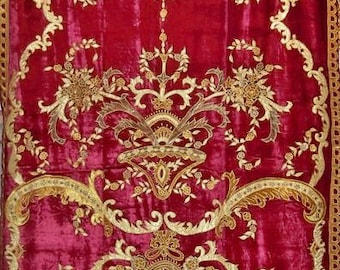 STUNNING DESIGNER Italian Style Bellesa Embroidered Silk Velvet Fabric Drapery Panel Burgundy
