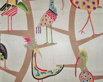 CLARENCE HOUSE Whimsical Polly Birds Linen Toile Fabric 10 yards Beige Multi