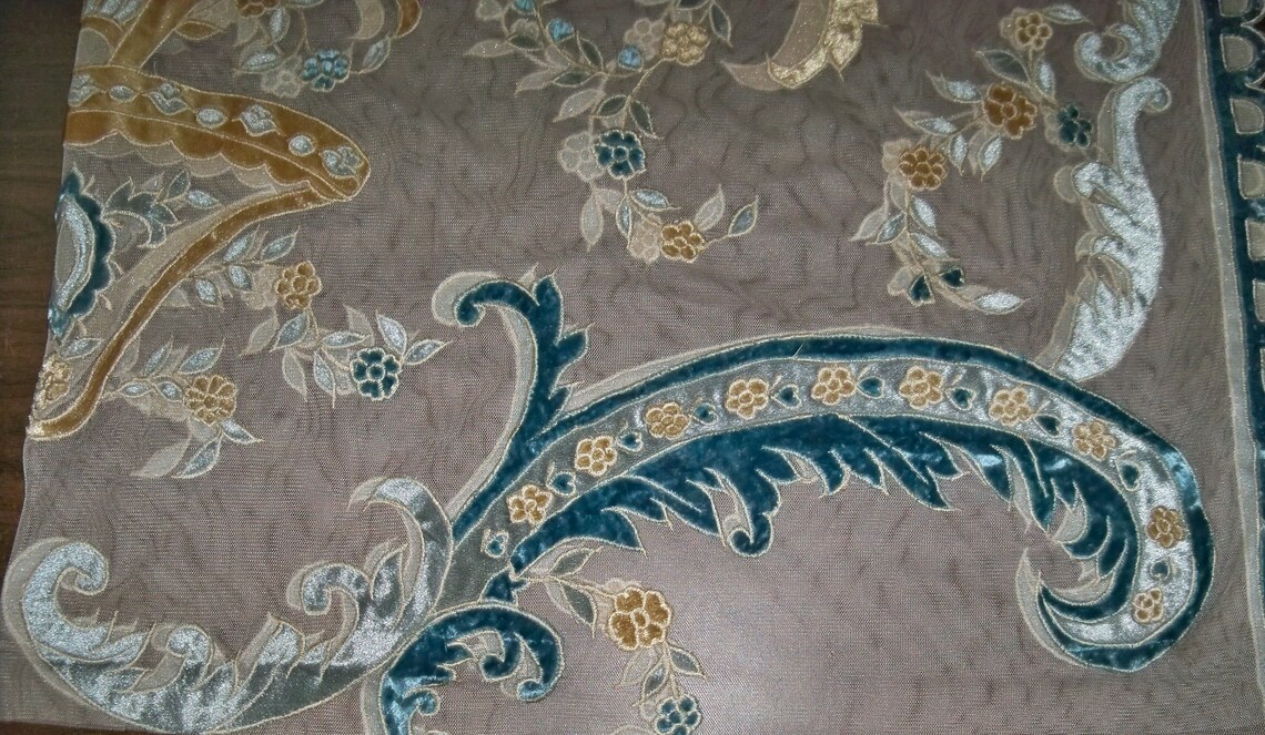 Italian EMBROIDERED Velvet Fabric SHEER Drapes Panel SAPPHIRE Cream Ice ...