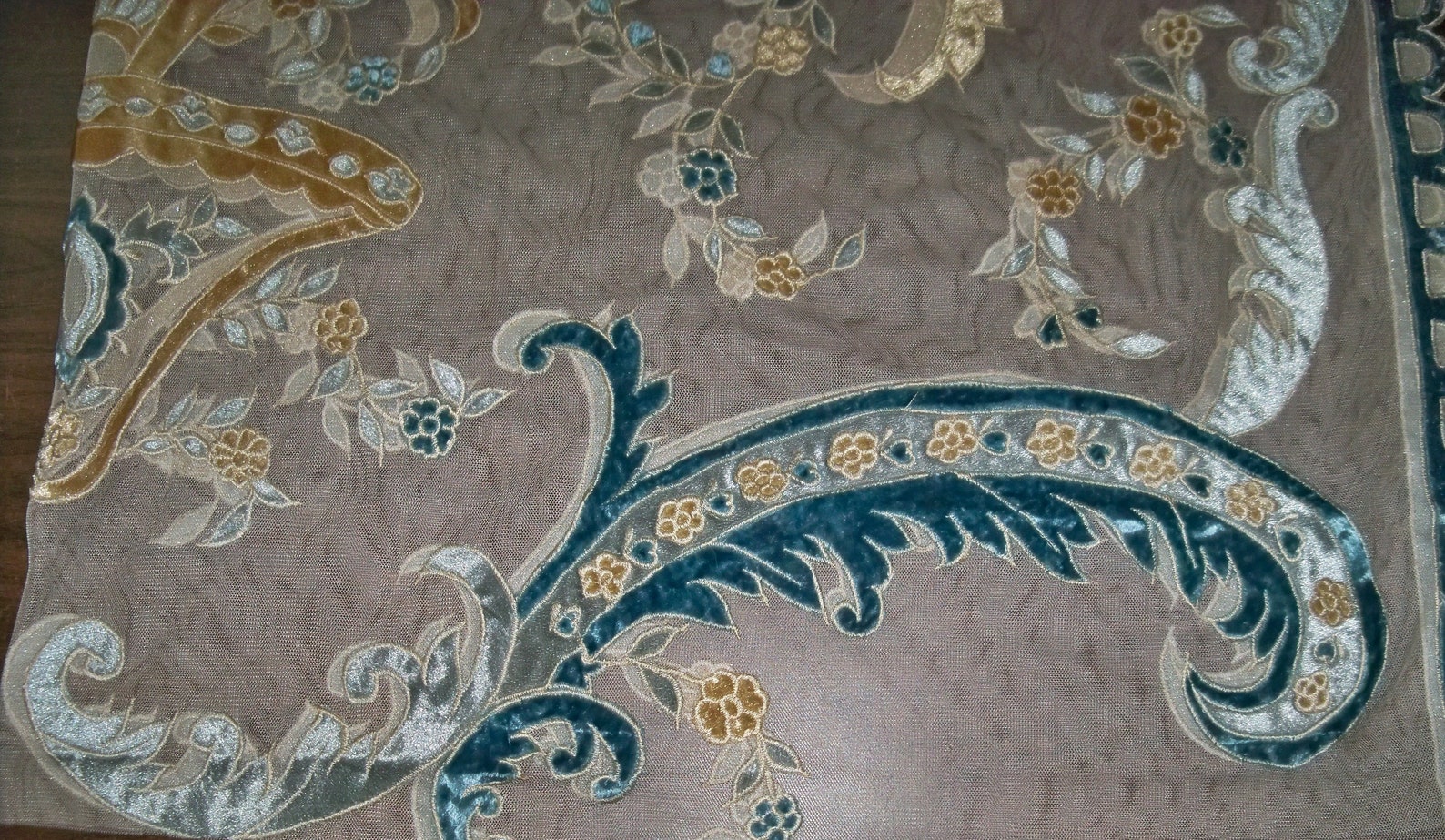 Italian EMBROIDERED Velvet Fabric SHEER Drapes Panel SAPPHIRE Cream Ice ...