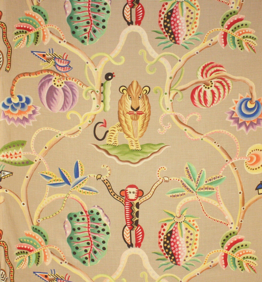 CLARENCE HOUSE JEMBALA Monkeys Lions Linen Toile Fabric 10 Yards Taupe