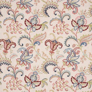 COLEFAX & FOWLER Exotic Paisley Floral Embroidered Linen Fabric 10 Yards Red Navy