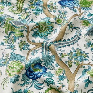 SCALAMANDRE Palampore Flower And Fruit Bearing Serpentine Tree Print Fabric 10 Yards Aegean