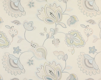 COLEFAX & FOWLER Embroidered Floral Fabric 10 Yards Blue Cream