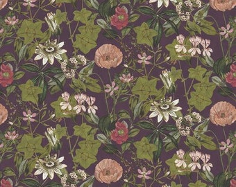 Tessuto in velluto con motivo botanico di fiori selvatici e fogliame di Lee Jofa Kravet, 10 iarde, colore mora multicolore.