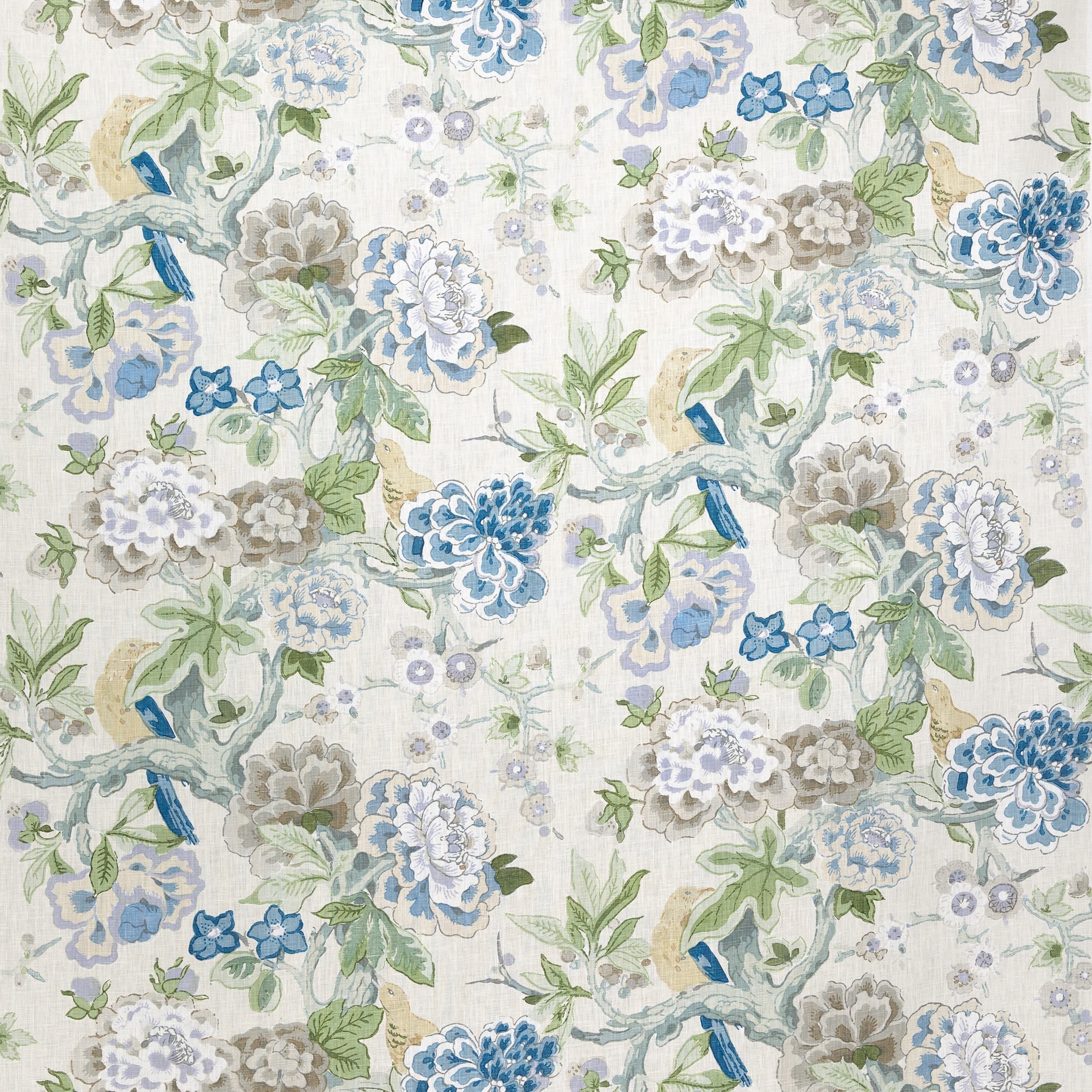 COWTAN & TOUT Handblock Floral Linen Print Fabric 3 Yards Blue