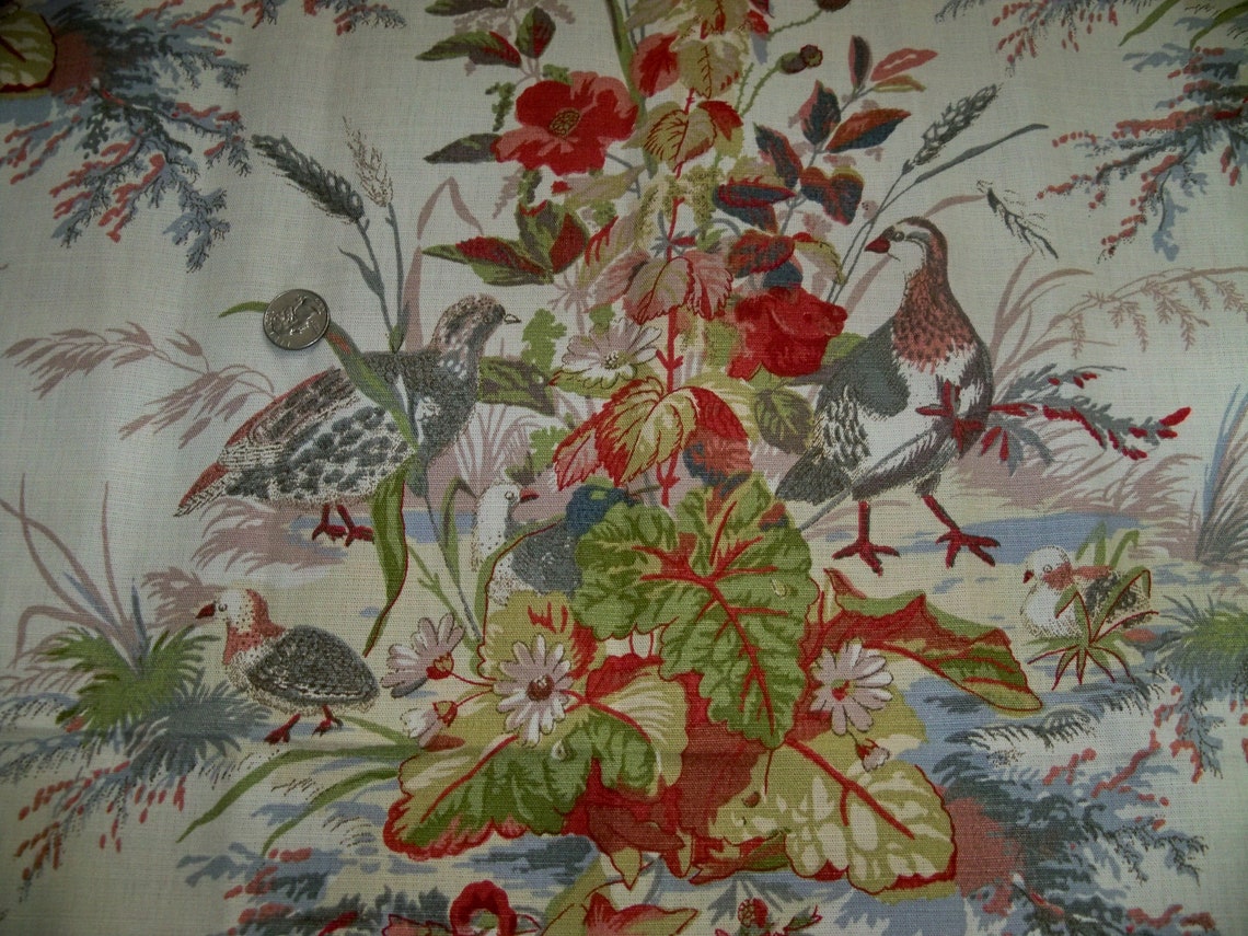 SCHUMACHER QUAIL MEADOWS Pheasants Toile Fabric 10 Yards Winter Cream