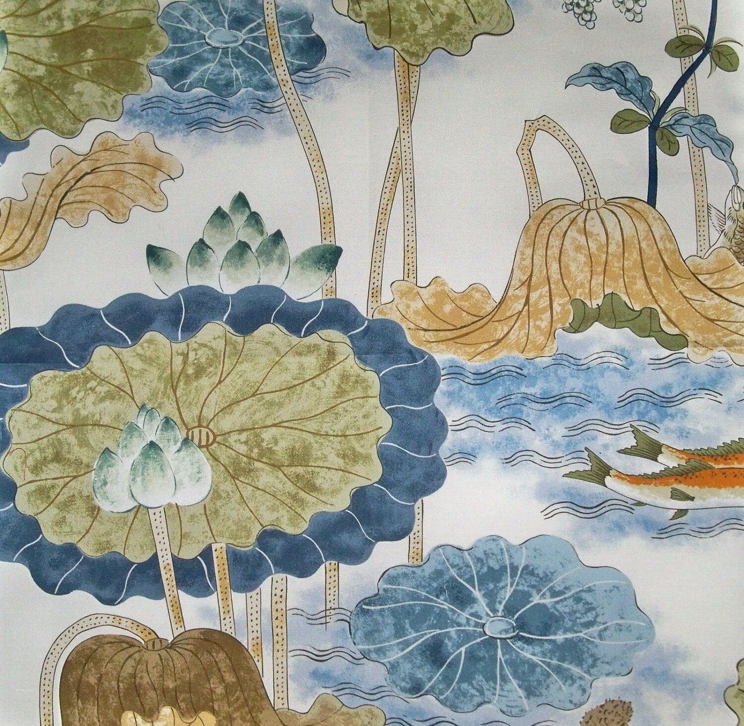 COWTAN & TOUT NYMPHEUS Lily Pond Fish Birds Fabric 10 Yard Blue Brown Green