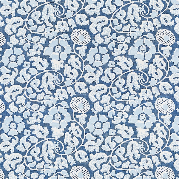 SCALAMANDRE MAIDEN FLORAL Linen Print Fabric 10 Yards Denim