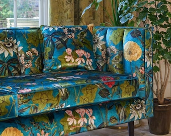 CLARKE & CLARKE Botanical Wildflowers Foliage Velvet Fabric 10 Yards Cyan Blue Multi