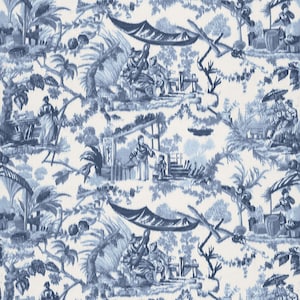 SCHUMACHER CHINOISERIE PAVILLON Printed Cotton Toile Fabric 10 Yards Blues