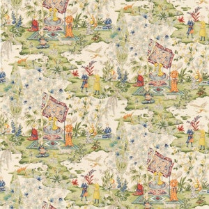 BRUNSCHWIG & FILS Middle Eastern PERSIAN Toile Cotton Fabric 10 Yards Ivory Cream Prussian Blue Multi