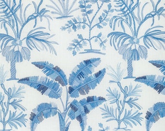 BRUNSCHWIG & FILS Tropical Tress Palms Embroidered Linen Fabric Blue