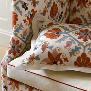 COLEFAX & FOWLER Pashley Italian Motif Embroidered Fabric 10 Yards Tomato Aqua