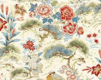 SCALAMANDRE BOTANICAL PHEASANT Birds Floral Linen Fabric 10 Yards Sandalwood Multi