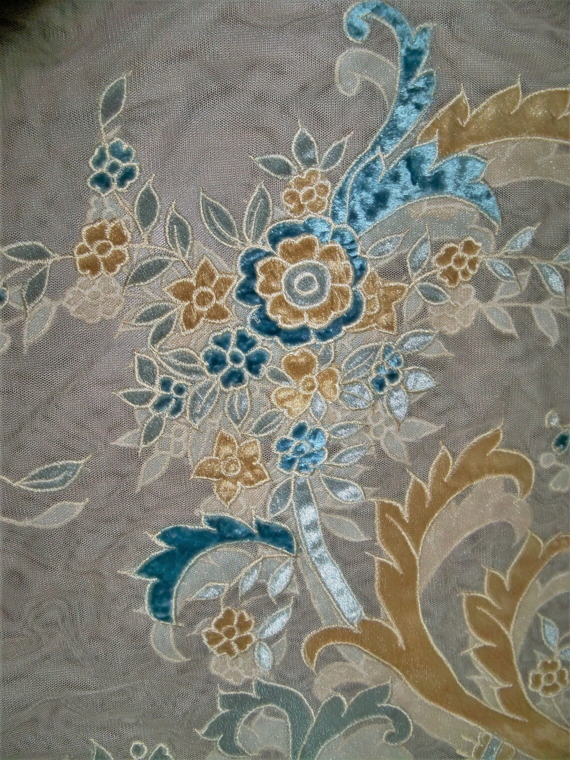 Italian EMBROIDERED Velvet Fabric SHEER Drapes Panel SAPPHIRE Cream Ice ...