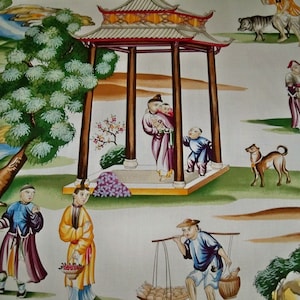 SCALAMANDRE CHINOISERIE SHANGHAI Handprinted Toile Fabric 10 Yards Cream Multi