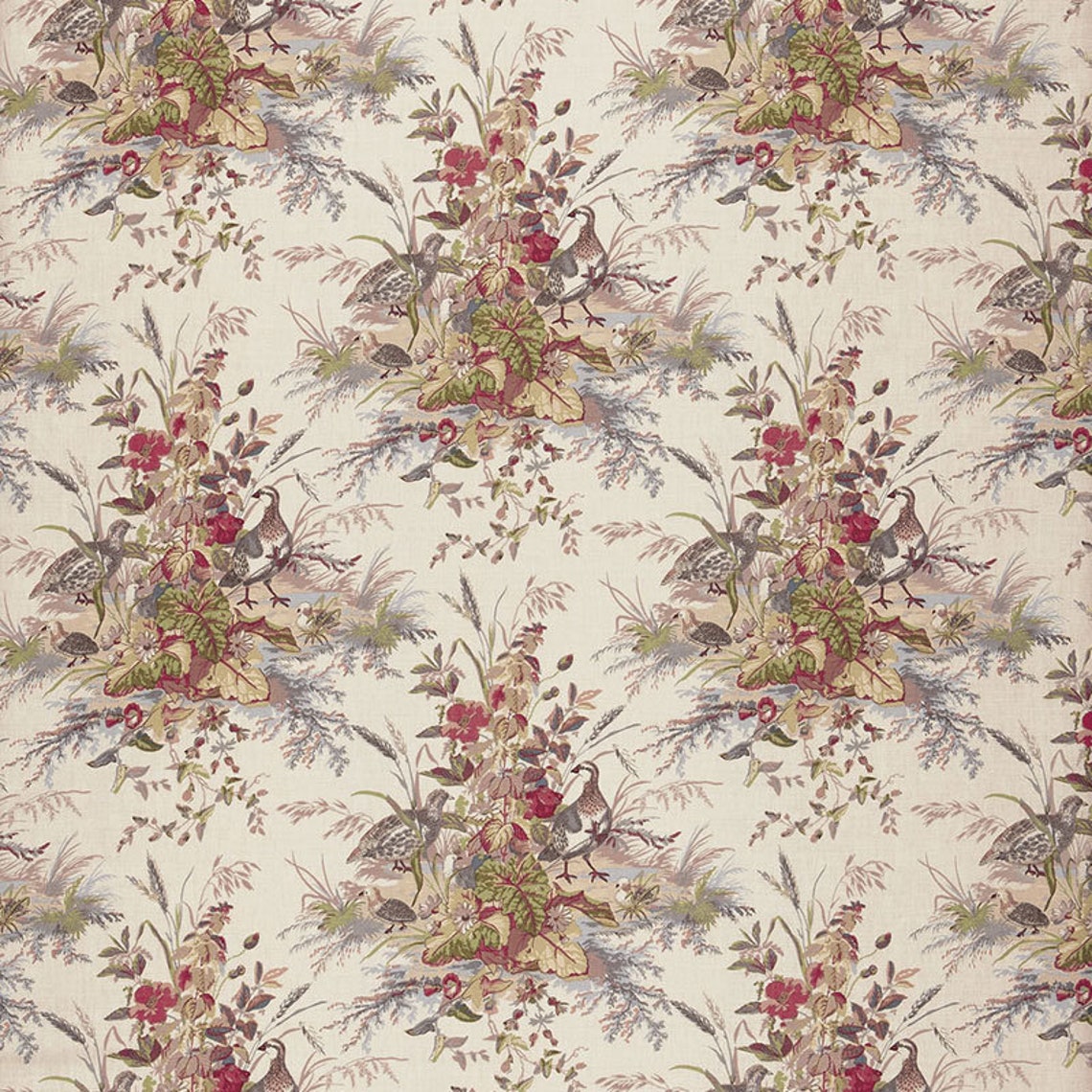 SCHUMACHER QUAIL MEADOWS Pheasants Toile Fabric 10 Yards Winter Cream