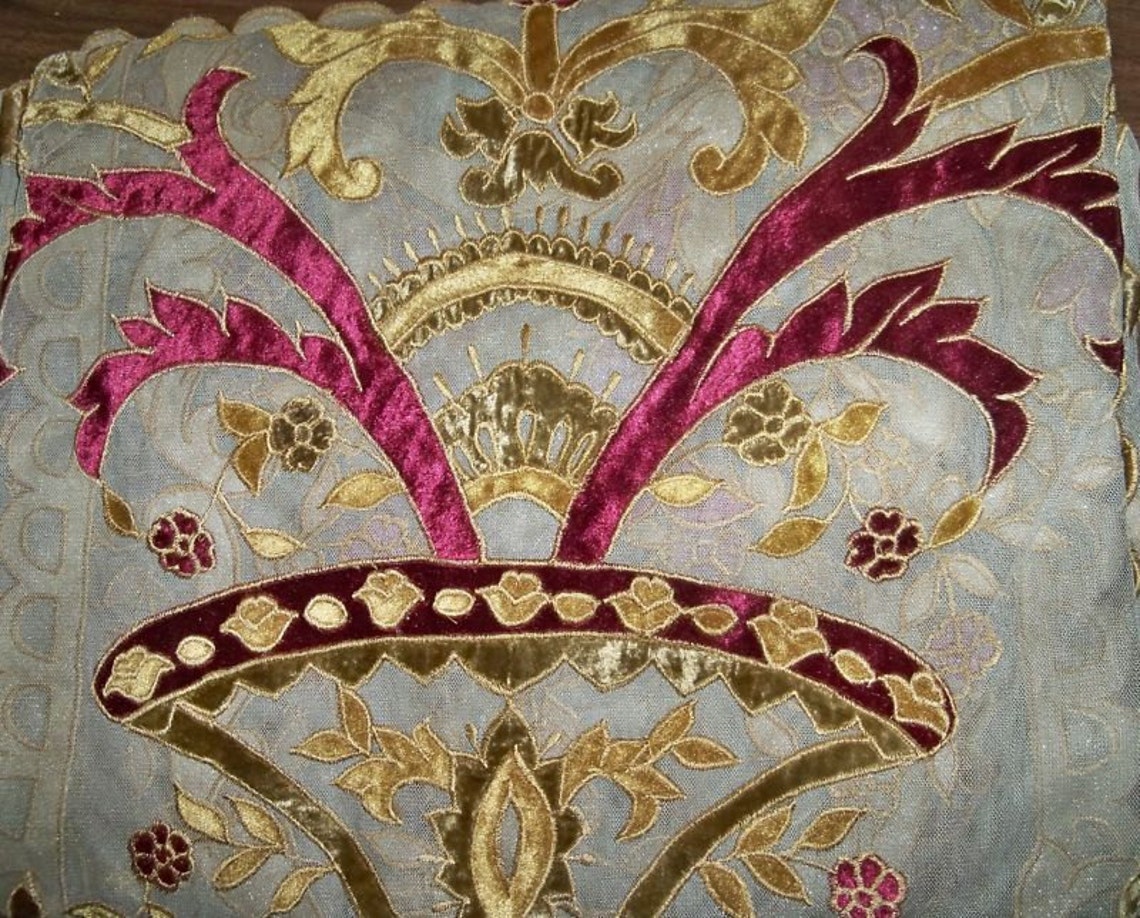 Italian EMBROIDERED Velvet Fabric SHEER Drapes Panel Burgundy Gold - Etsy
