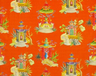CLARENCE HOUSE ENCHANTED Pagodas Chinoiserie Toile Linen Fabric 10 Yards Cinnabar Multi