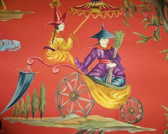 CLARENCE HOUSE CHINOISERIE Toile  Linen Cotton Fabric 10 Yards Coral Multi