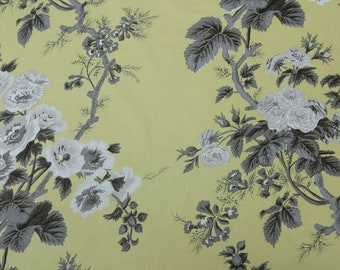 Antique French Roses Sunflower Floral Toile Cotton Fabric ~Aqua Eggplant Yellow 