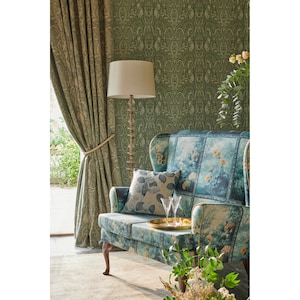 KRAVET Clarke & Clarke Ornate Framed Floral Print Upholstery Fabric Denim Ochre