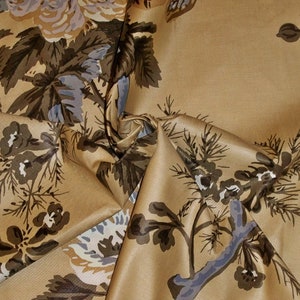 SCHUMACHER HOLLYHOCK FLORAL Cotton Chintz Toile Fabric 10 Yards Amber Brown Grey Gold image 2