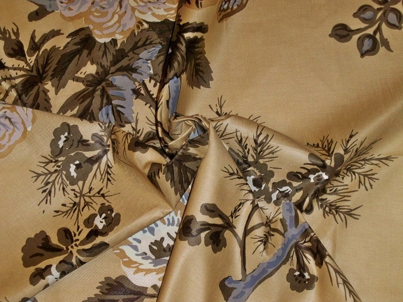 SCHUMACHER HOLLYHOCK FLORAL Cotton Chintz Toile Fabric 10 Yards Amber Brown Grey Gold image 2