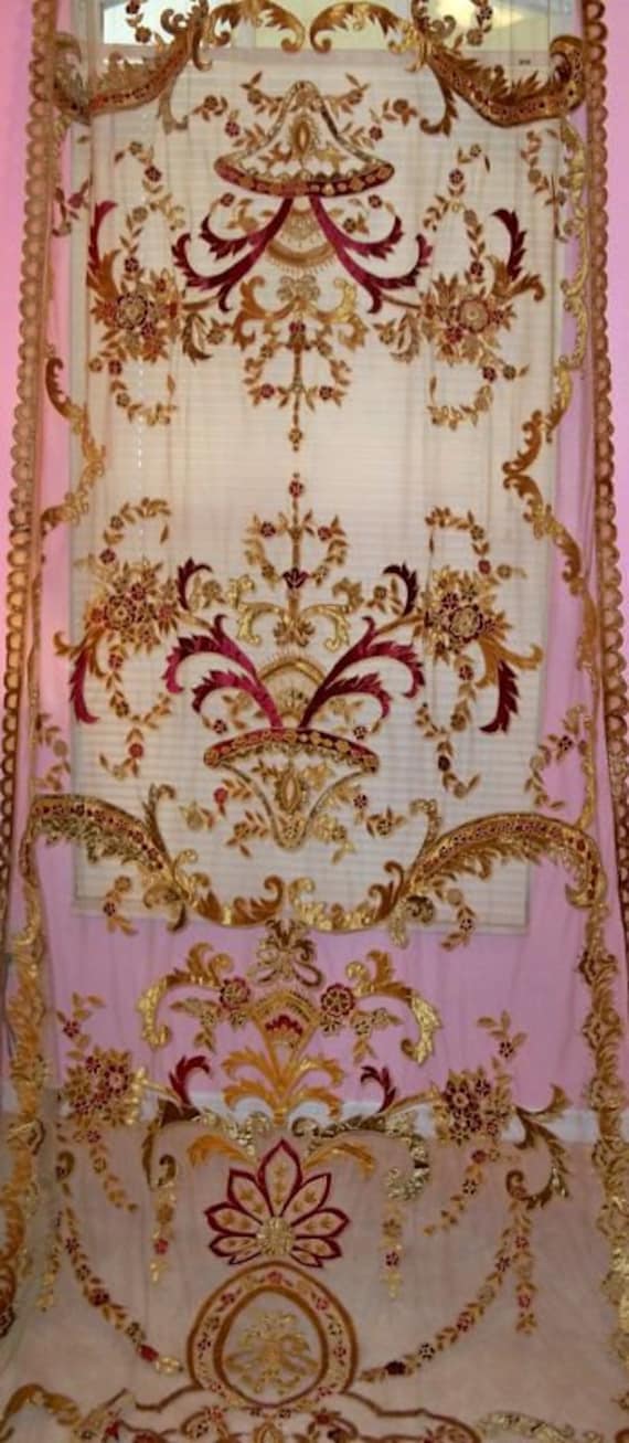 Italian Embroidered Velvet Fabric Sheer Drapes Panel Burgundy Gold