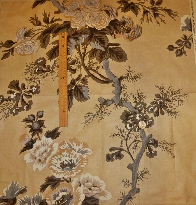 SCHUMACHER HOLLYHOCK FLORAL Cotton Chintz Toile Fabric 10 Yards Amber Brown Grey Gold image 3