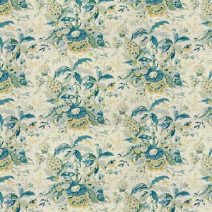 BRUNSCHWIG & FILS Botanical Floral Tropical Linen Print Fabric 10 Yards Aqua Green