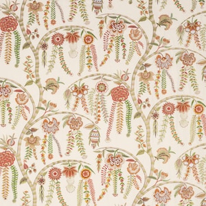 COLEFAX & FOWLER Embroidered Scrolling Floral Vines Fabric 10 Yards Red Green