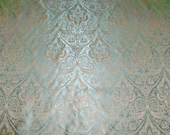 BARANZELLI French Marquise Medallions Silk Damask Fabric 6 Yards Ice Blue Gold Beige
