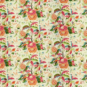BRUNSCHWIG & FILS Botanical Floral Tropical Linen Print Fabric 10 Yards Pink Orange
