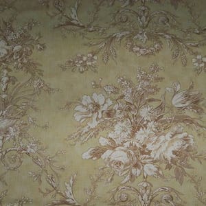 Puede incluir: Un dise&ntilde;o de papel tapiz vintage con un patr&oacute;n repetitivo de flores y hojas estilizadas en tonos marrones y beige.