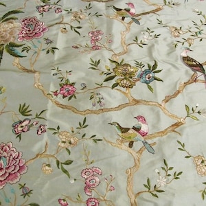 DESIGNER CHINOISERIE EMBROIDERED Floral Birds Silk Fabric 3 Yards Aqua Multi
