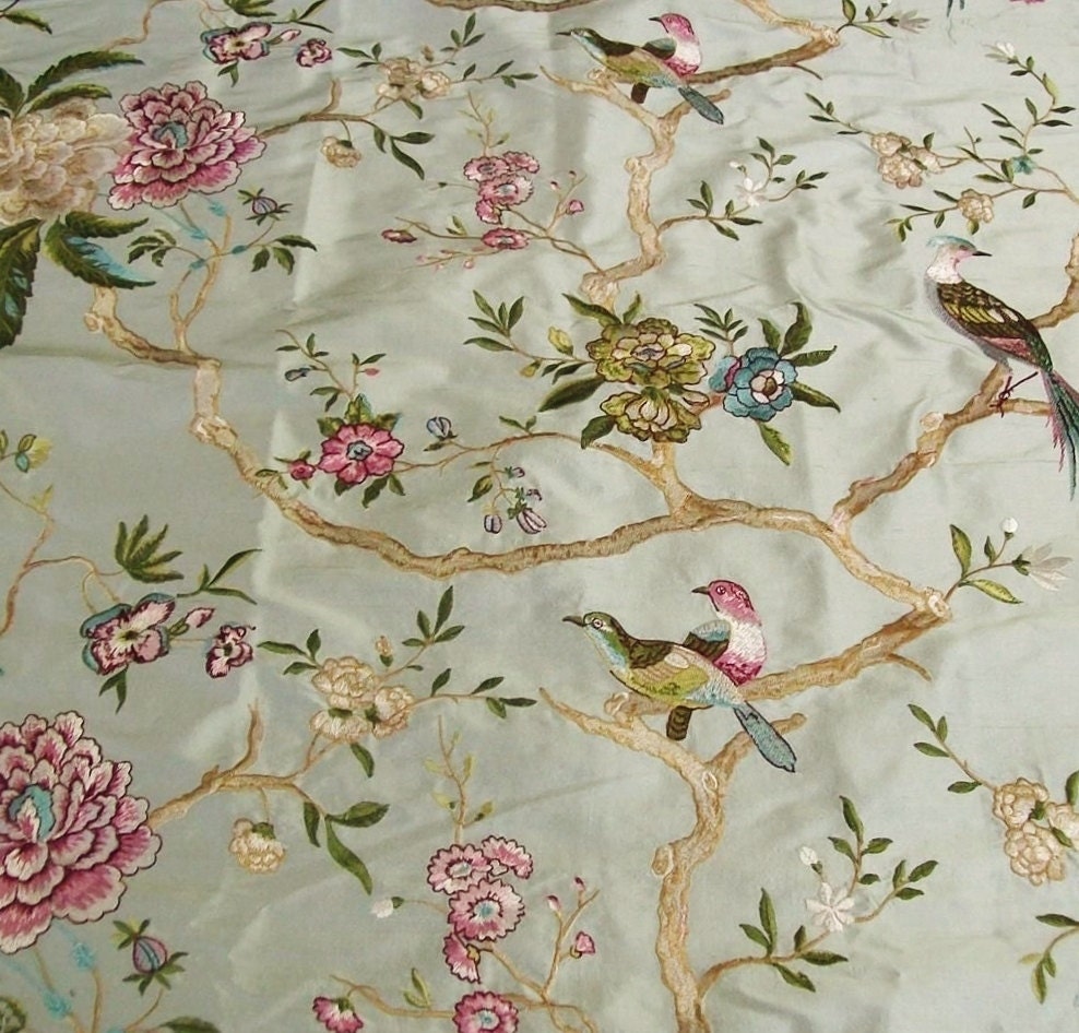 DESIGNER CHINOISERIE EMBROIDERED Pheasant Birds Silk Fabric 5 Yards