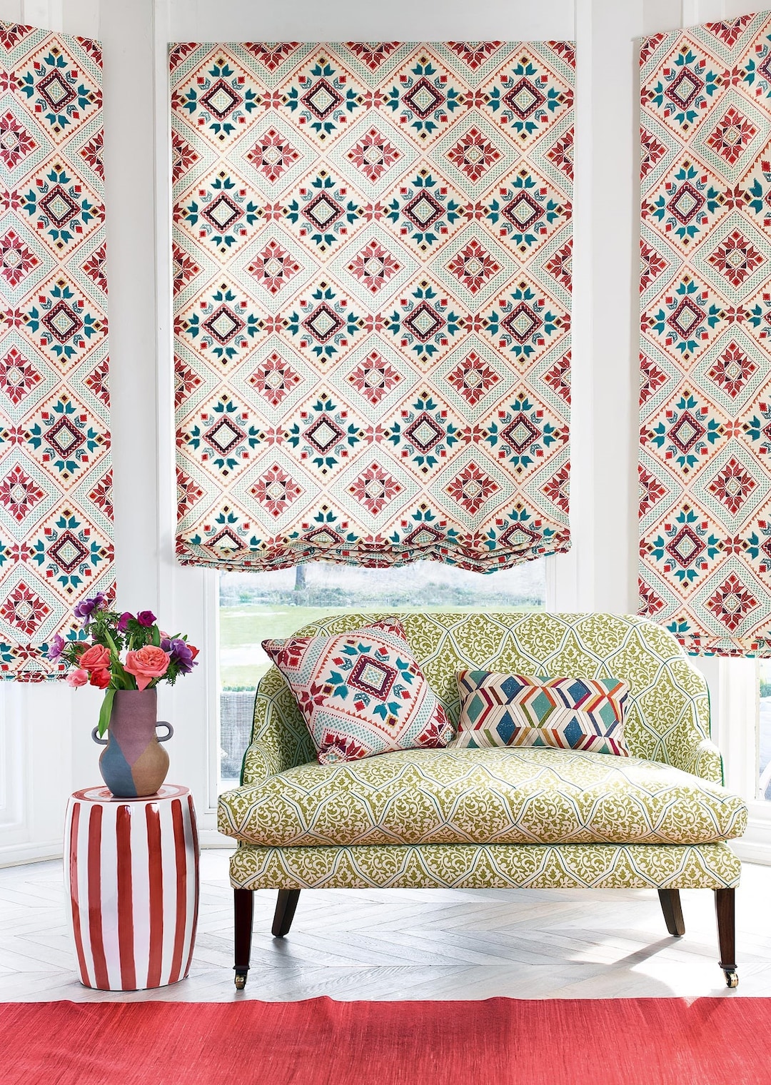 COWTAN & TOUT Jane Churchill Embroidered Geometric Fabric 10 Yards Red